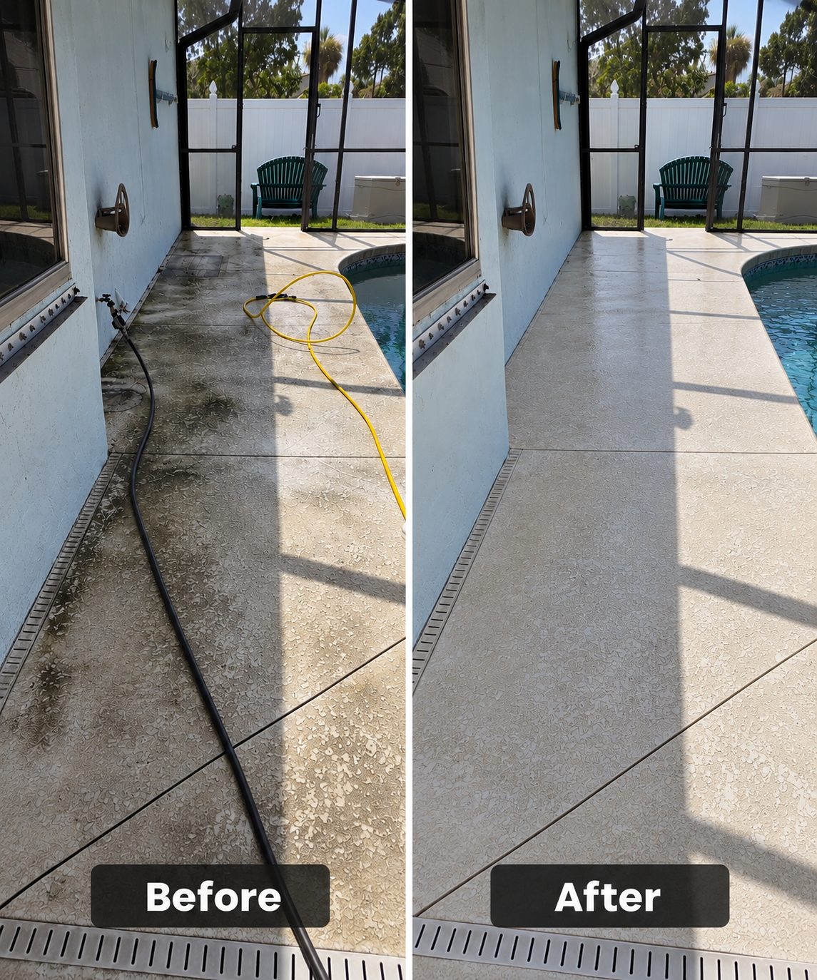 Before and after pressure washing a lanai pool walkway in Port Charlotte, Florida
