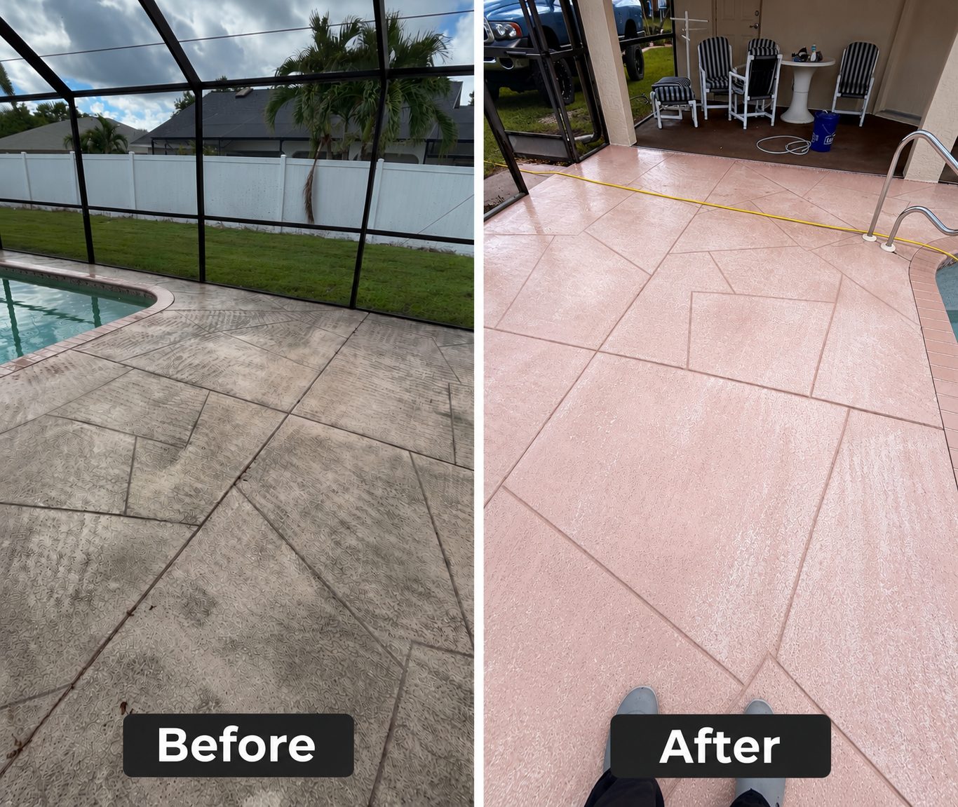 Before and after pressure washing a stamped concrete pool deck in Port Charlotte, Florida