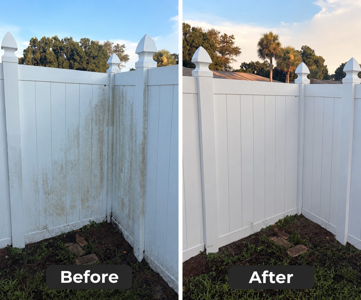 Before and after soft washing an algae stained white vinyl fence in Port Charlotte, Florida