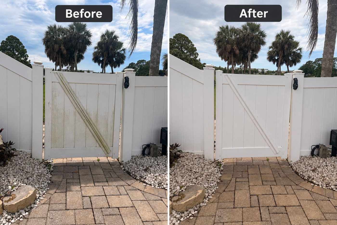 Before and after cleaning a stained vinyl fence gate in Port Charlotte, Florida